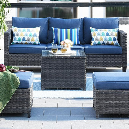ovios Outdoor Side Table with Tempered Glass Top, Patio Wicker Rattan Coffee End Tables for All-Weather Porch Deck Balcony Garden Poolside (Grey-Medium Size)