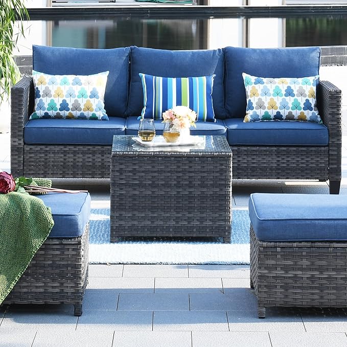 ovios Outdoor Side Table with Tempered Glass Top, Patio Wicker Coffee Table, Rattan Bistro End Table for Porch Deck Balcony Garden Poolside, Grey