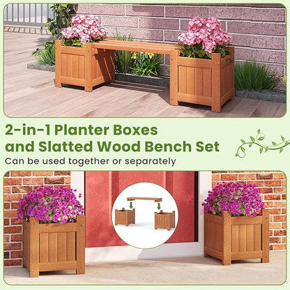 HAPPYGRILL Outdoor Bench with 2 Raised Garden Beds, 2-in-1 Outdoor Planter Box with Teak Oil Finish, Open-Ended Base, Wooden Garden Bench for Flowerpots, Indoor Patio Yard Porch Decoration (1)