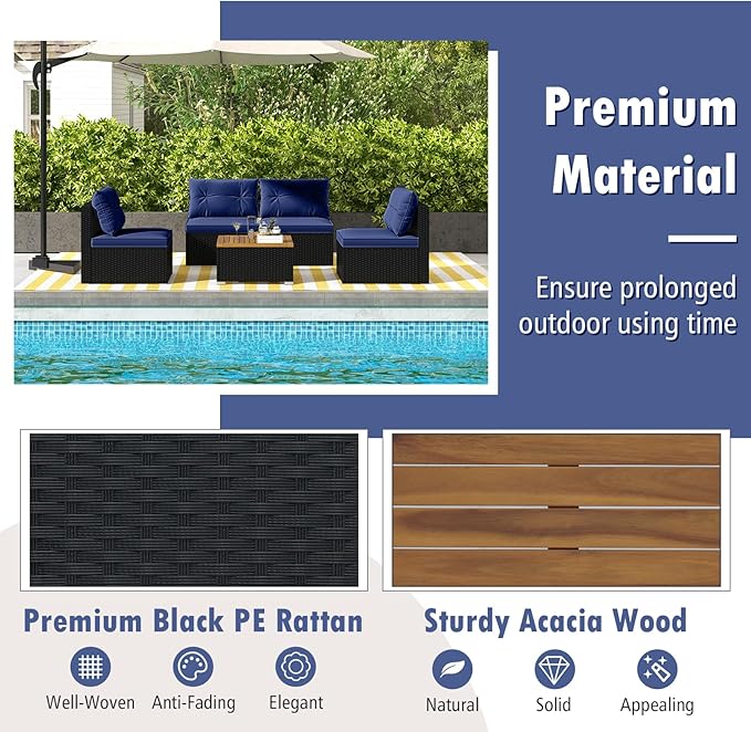 Tangkula 5 Piece Rattan Sofa Set, Outdoor Wicker Furniture Set w/Seat & Back Cushions, Square Coffee Table - Photo 8