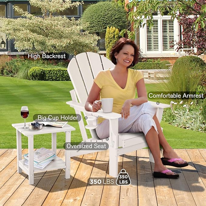 nalone Folding Adirondack Chairs Set of 2 with Cushion with Cup Holder, HDPE Plastic Oversized Patio Chair Weather Resistant, Used in Outdoor, Fire Pit, Deck, Garden, Campfire Chairs (White)