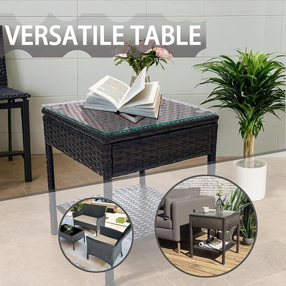 Outdoor Patio Wicker Table,Rattan Side Table,Modern Patio End Side Table with Glass Countertop and Storage Space,for Porch Garden Balcony