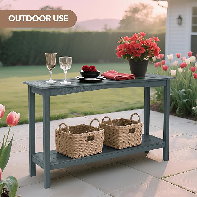 Weatherproof HIPS Outdoor Console Table, 48'' 2-Shelf Side Table Indoor/Outdoor Use, Multifunctional Buffet Table Bar Storage Organizer for Entryway, Patio, Outside Plant Stand Table, Grey