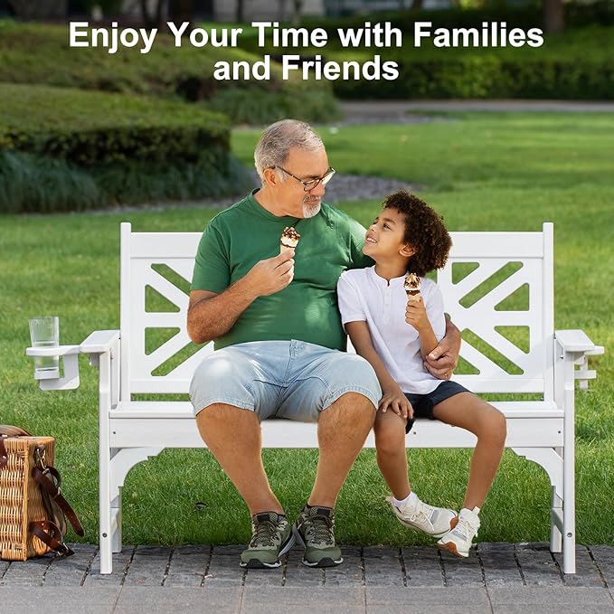 Oversized Outdoor Bench Set of 2, 51.5” HDPE Aesthetic Garden Bench with Cup Holders, Memorial Benches - Easy Assembly & All Weather, for Porch & Patio, 800lbs Load Capacity (White)