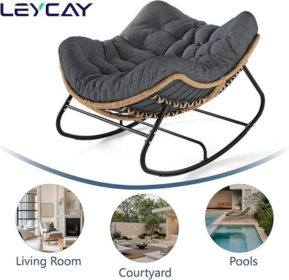 Outdoor Rocking Chair, Oversized Papasan Chair, Indoor Comfy Lounge Rocker with Cushion for Patio, Living Room, Porch, Balcony-Dark Grey