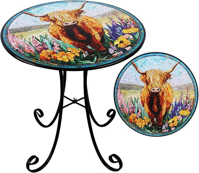18" Outdoor Side Table, Highland Cattle Round Accent Table, Metal Indoor Small End Tables, Plant Stand Tables for Patio Yard Balcony Garden Bedside
