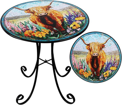 18" Outdoor Side Table, Highland Cattle Round Accent Table, Metal Indoor Small End Tables, Plant Stand Tables for Patio Yard Balcony Garden Bedside