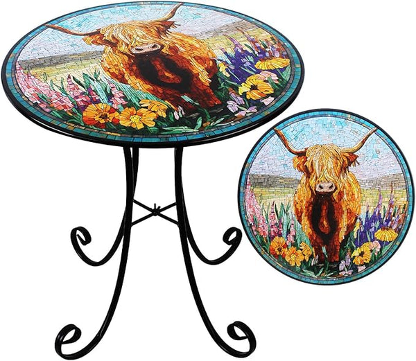 18" Outdoor Side Table, Highland Cattle Round Accent Table, Metal Indoor Small End Tables - Photo 1
