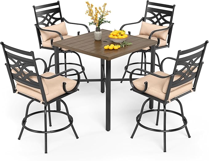 PHI VILLA 5 Pieces Patio Bar Set,Outdoor Bar Table and Chairs Set, Strong and Heavy Duty Outdoor Bar Set with Cushion and Pillow，4PCS Swivel Bar Stools with Square Bar Height Table(Style B)