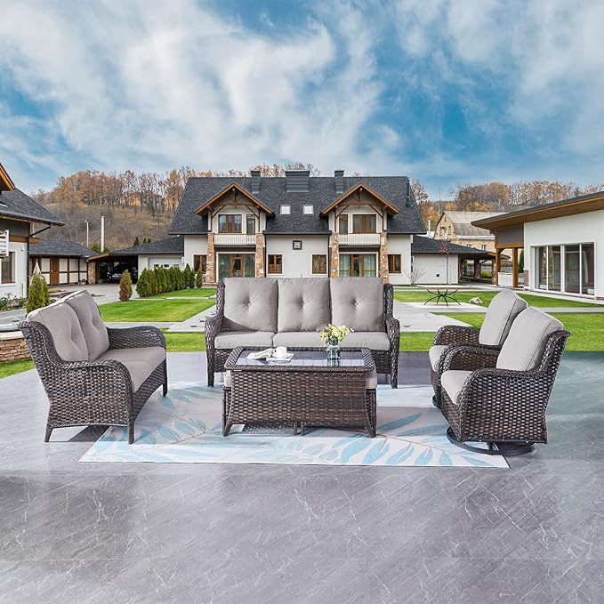 Rilyson Wicker Patio Furniture Set - 7 PC Rattan Outdoor Sectional Conversation Sets with 2 Rocking Swivel Chairs,2 Ottomans,1 Sofa,1 Loveseat and 1 Coffee Table for Porch Deck(Brown/Grey)