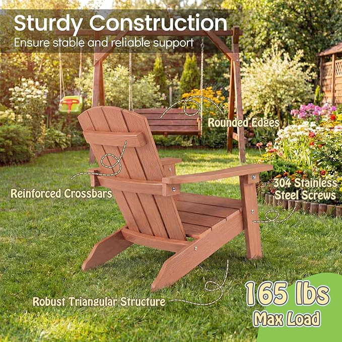 KOTEK Kids Adirondack Chair Set of 2, Plastic Toddler Lawn Chair with Ergonomic Seat, Wood-Grain Texture, Easy to Assemble, All-Weather Outdoor Kids Chairs for Patio, Garden, Backyard (Teak)