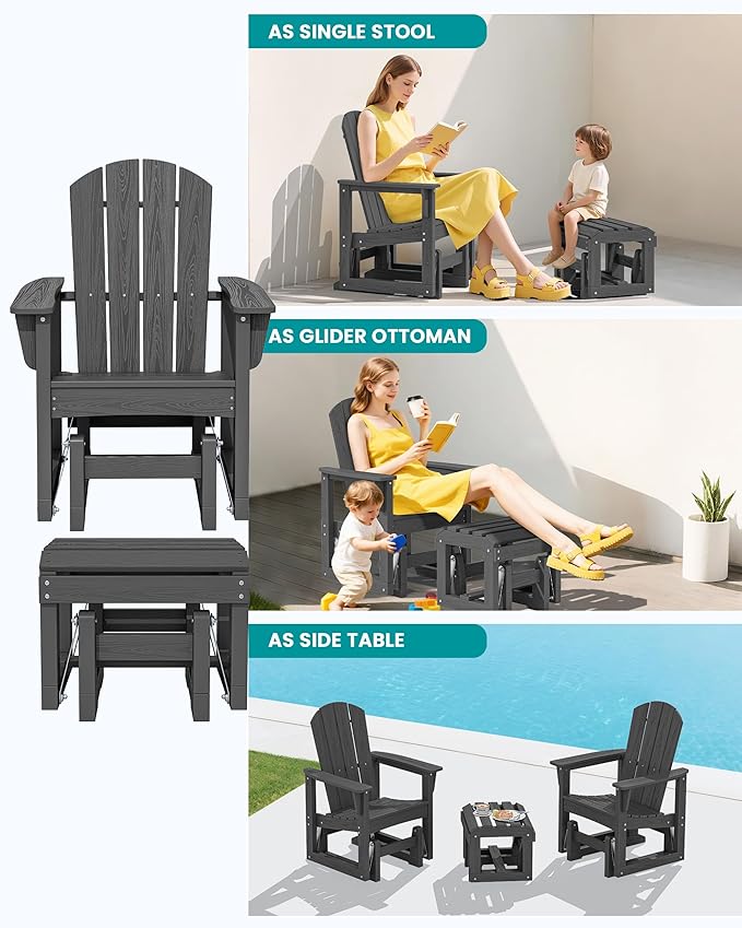 SERWALL Outdoor Glider Chair Set of 4 with Ottoman, HDPE Wood-Like Patio Glider Set All-Weather Porch Glider for Outside - Photo 4
