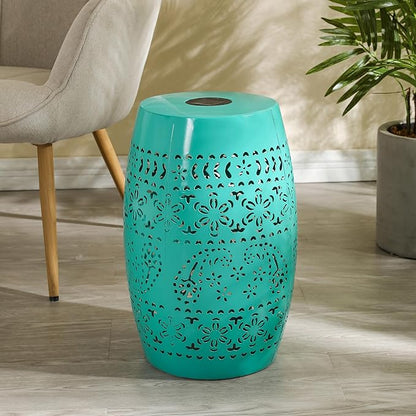 Christopher Knight Home Patio Side Table with Solar Powered Light, Outdoor Metal Coffee Table, Lace Cut Iron End Table, Patio Garden Stool with Cutout Design for Patio or Balcony,Teal