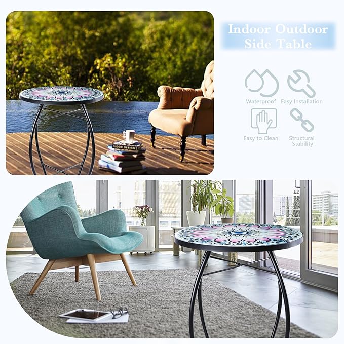 MUMTOP Side Patio Tables-Mosaic Outdoor Side Table - 14’’ Flower Glass Accent Round EndTable, Plant Stand Indoor Small CoffeeTable for Garden or Living Room Decor