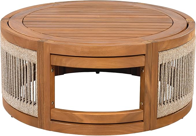 Christopher Knight Home Puekest Acacia Wood Coffee Table with Woven Rope Accents, Outdoor Patio Slatted Round Centerpiece, Boho Chic Garden Sofa Side Accent Table for Modern Decor, 27.95" W, Teak