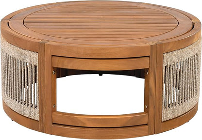 Christopher Knight Home Puekest Acacia Wood Coffee Table with Woven Rope Accents, Outdoor Patio Slatted Round Centerpiece, Boho Chic Garden Sofa Side Accent Table for Modern Decor, 27.95" W, Teak
