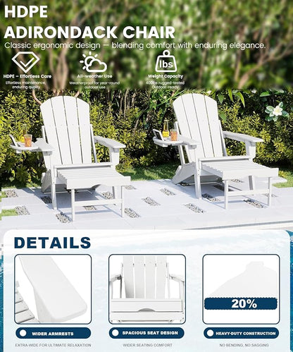FOOWIN Folding Adjustable Adirondack Chair with Retractable Ottoman Set of 4,HDPE Adirondack Chair w/4 in 1 Cup Holder Trays,All-Weather Resistant Fire Pit Chair for Outdoor Patio Lawn, White
