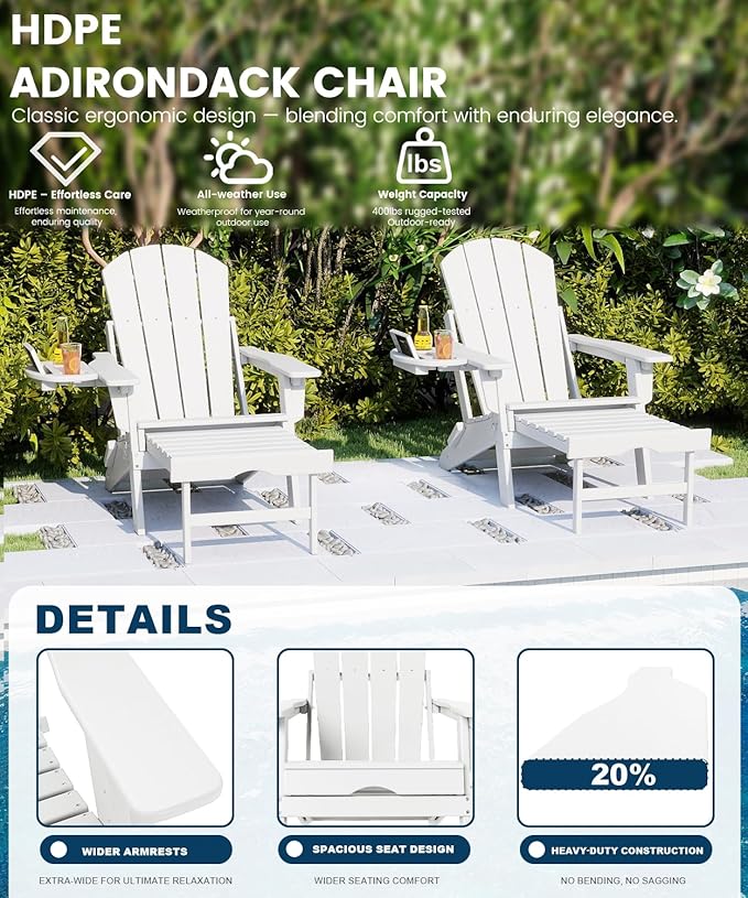 FOOWIN Folding Adjustable Adirondack Chair with Retractable Ottoman Set of 2,HDPE Adirondack Chair w/4 in 1 Cup Holder Trays,All-Weather Resistant Fire Pit Chair for Outdoor Patio Lawn, White