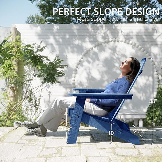 LUE BONA Folding Adirondack Chair Set of 2, HDPS Weather Resistant Outdoor Patio Chair for Balcony Garden, 350lbs Heavy Duty, One-Step No-Pin Folding, Wood Grain Texture, Fire Pit Seating, Navy Blue