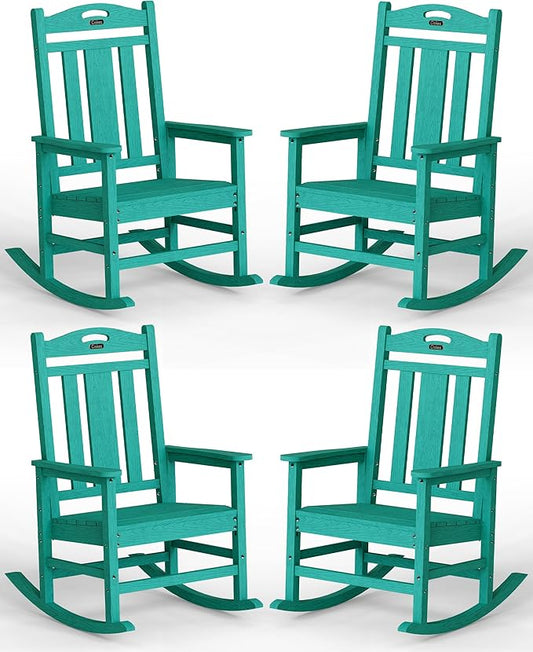 Ciokea Oversized Outdoor Rocking Chairs Set of 4, 380lbs Heavy-Duty Large Patio Rocker, High Back Cozy Porch Chairs, Weather Resistant Patio Rocking Chairs for Outside, Fire Pit, Deck, Aruba Blue