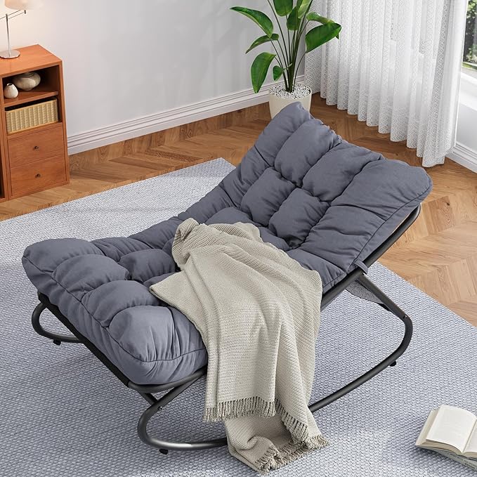 GarveeLife Outdoor Rocking Chair, Outdoor Lounge Chairs with Thick Waterproof Cushion, 300lbs Heavy Duty Metal Patio Rocking Chair for Garden, Porch, Nursery, Silla Mecedora para Adulto-Grey