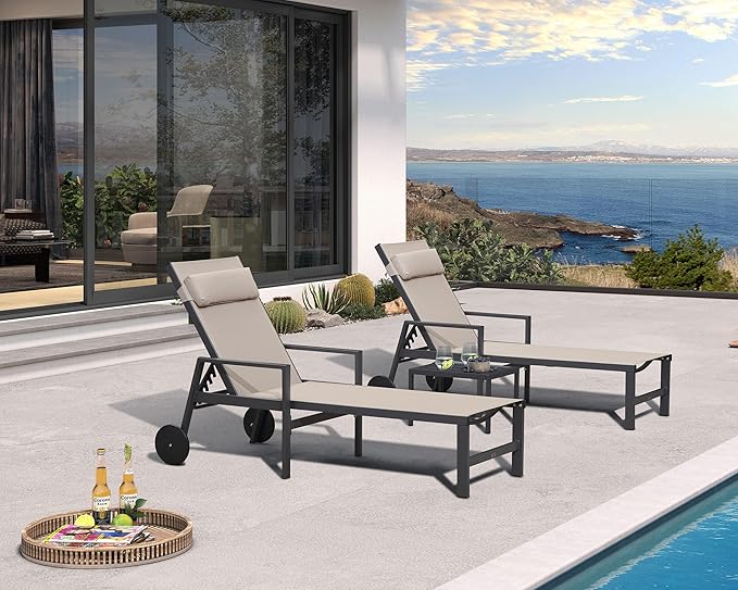 PURPLE LEAF Patio Lounge Chair Set of 3 Outdoor Chaise Lounger Aluminum Frame with Armrest Side Table and Wheels for - Photo 2