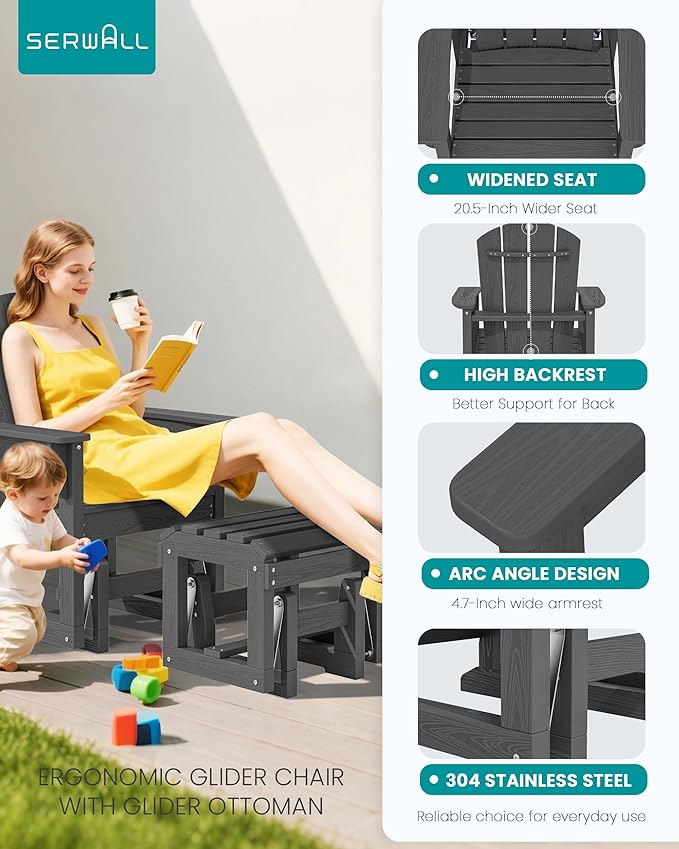 SERWALL Outdoor Glider Chair Set of 4 with Ottoman, HDPE Wood-Like Patio Glider Set All-Weather Porch Glider for Outside - Photo 5