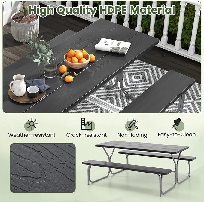 Giantex 6FT Picnic Table Bench Set Outdoor Camping All Weather Metal Base Wood-Like Texture Backyard Poolside Dining Party Garden Patio Lawn Deck Furniture Large Camping Picnic Tables for Adult, Black