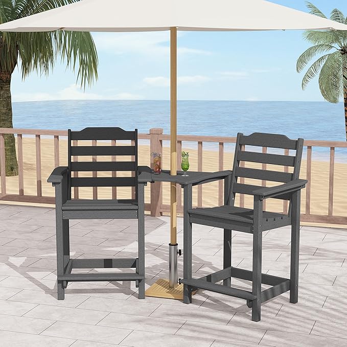 Tall Adirondack Bar Stools Set of 2 with Connecting Tray, Counter Height Patio Chairs, All Weather HDPE Balcony Stools for Outdoor Deck & Garden, Gray