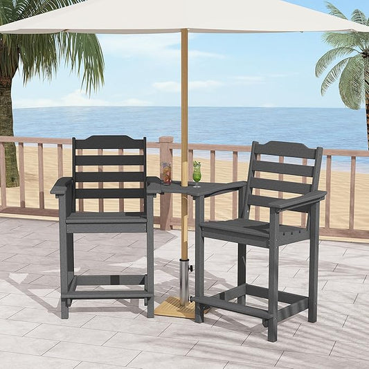 Tall Adirondack Bar Stools Set of 2 with Connecting Tray, Counter Height Patio Chairs, All Weather HDPE Balcony Stools for Outdoor Deck & Garden, Gray