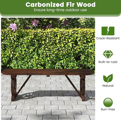 Tangkula Patio Rustic Wood Bench, Carbonized Wood Long Bench with Wagon Wheel Base, Slatted Seat Design, 2-Seat Dining Bench for Garden, Backyard, Porch, 710 LBS Max Load