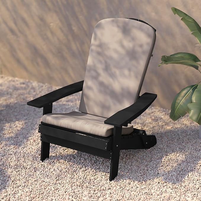Flash Furniture Charlestown Folding Adirondack Chairs Poly Resin Frame-All-Weather Cushions-Indoor/Outdoor Use, Set of 2, Black/Cream