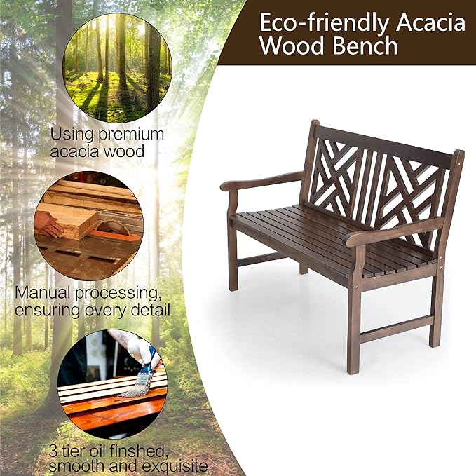 PHI VILLA Outdoor Garden Wooden Bench, 4 Ft Acacia Wood Bench with Curved Backrest and Armrest - Photo 4
