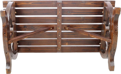 Outdoor Rustic Wooden Bench, 2 People Outdoor Bench with Wagon Wheel Legs, Garden Bench for Front Porch Furniture Patio Lawn Yard Park, Indoor and Outdoor Decor (Rustic Brown)
