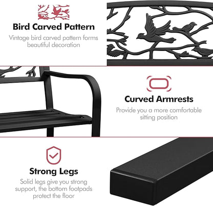 Topeakmart Garden Bench Outdoor Patio Bench for Outdoors Metal Porch Cast Iron Steel Outdoor Bench with Backrest and Armrests, Black