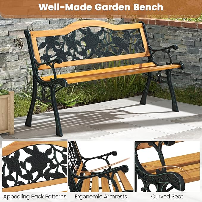 Tangkula Outdoor Garden Bench Park Bench, Patio Furniture Bench Chair with Cast Iron & Hardwood Structure - Photo 7