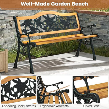 Tangkula Outdoor Garden Bench Park Bench, Patio Furniture Bench Chair with Cast Iron & Hardwood Structure, Weather Proof Porch Loveseat, Perfect for Backyard, Deck, Lawn, Poolside