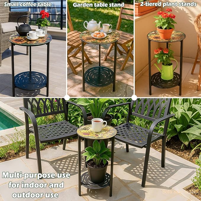 2-Tier Metal Round Side Table Black Accent Coffee Tables Small Space Corner Plant Stand Shelf for Indoor Outdoor Use Patio Balcony End Table Flower Print Weather-Resistant