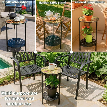 2-Tier Metal Round Side Table Black Accent Coffee Tables Small Space Corner Plant Stand Shelf for Indoor Outdoor Use Patio Balcony End Table Flower Print Weather-Resistant