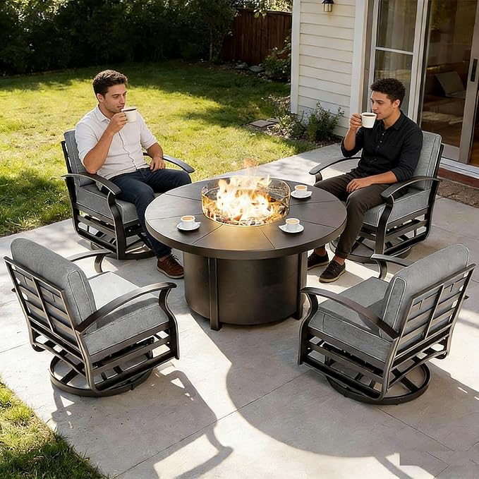 Gotland 5 Piece Patio Set, Aluminum Outdoor Swivel Chairs Set with 48’’ Round Fire Pit 5.1’’ High-Resilience Seat Cushions 29.5" Deep Seating, Metal Patio Furniture Set Patio Conversation Sets, Grey