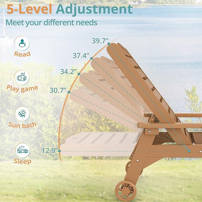 LUE BONA Lounge Chair Outdoor with Table, 2-Piece, HDPS Chaise Lounge Outdoor with Wheels，5 Positions Adjustable Pool Lounger Chairs for Outside, Patio, Teak Color