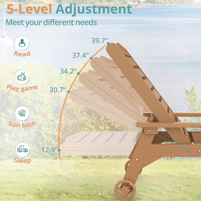 LUE BONA Lounge Chair Outdoor Set of 4, HDPS Chaise Lounge Outdoor with Wheel, 5 Positions Adjustable Pool Lounger Chairs for Outside, Patio, Teak Color
