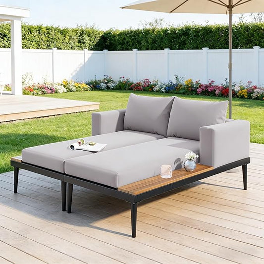 SOFTSEA Outdoor Daybed Patio Metal Frame Daybed with Wood Side Tables, 2-in-1 Convertible Chaise Lounges, Outdoor Loveseat Sofa Set with Cushions for Backyard, Poolside, Grey Natural