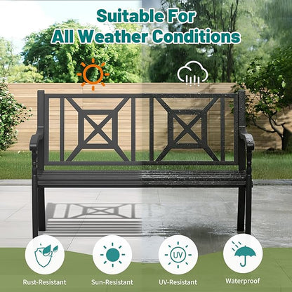 Metal Bench Patio Bench,Outdoor Benches Weatherproof with Lattice Backrest, Wrought Iron Garden Benches for Outdoors, Patio, Garden, Park