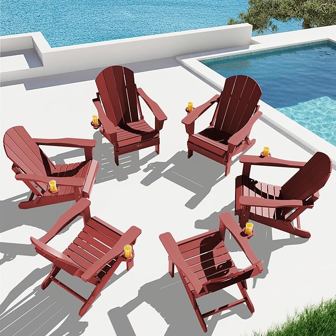 SERWALL Folding Adirondack Chair Set of 6 Weather Resistant Lawn Chairs with Cup Holder for Patio - Red