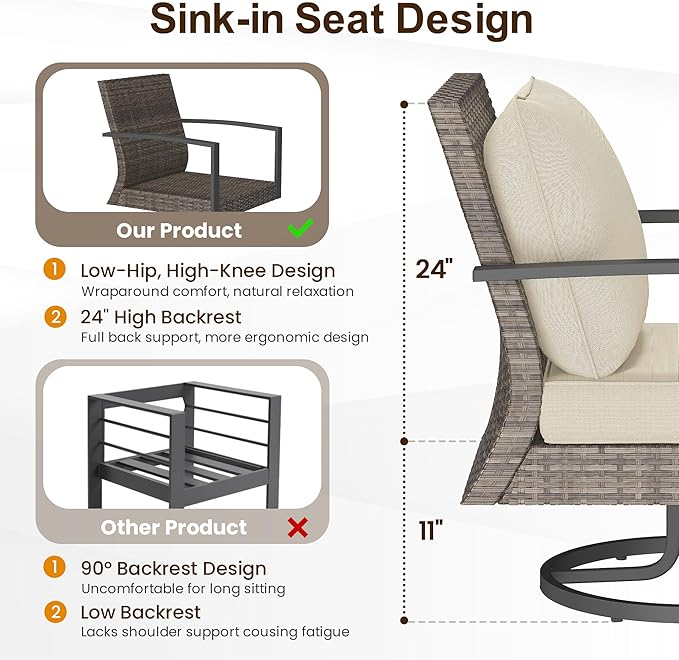 Green4ever 3-Pieces Patio Swivel Rocking Chairs Rocking with Sidetable, Metal Outdoor Rocking Chair, All Weather Rattan Patio Chairs for Porch, Bistro, Balcony, Beige