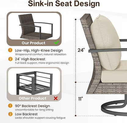 Green4ever 3-Pieces Patio Swivel Rocking Chairs Rocking with Sidetable, Metal Outdoor Rocking Chair, All Weather Rattan Patio Chairs for Porch, Bistro, Balcony, Beige