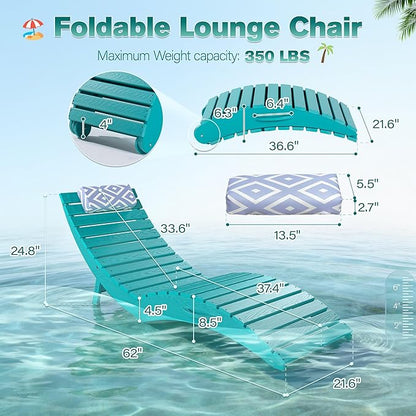 nalone Folding Pool Lounge Chair, HDPE Outdoor Pool Chaise Lounge with Pillow, Pre-Assembled Tanning Chairs with Wheels for Pool Beach Patio (1, Aruba)
