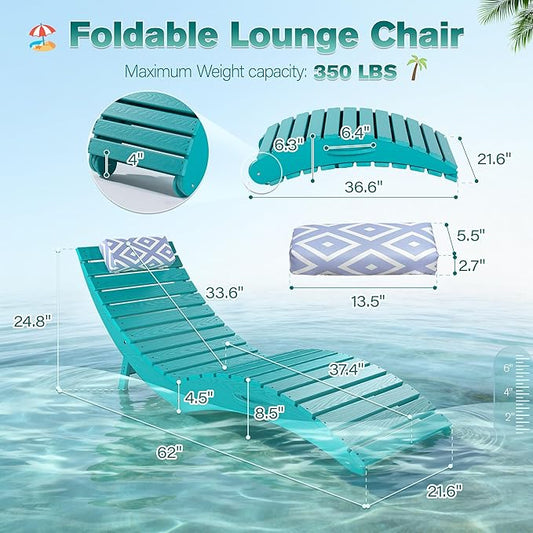 nalone Folding Pool Lounge Chairs Set of 2, HDPE Outdoor Pool Chaise Lounge with Pillow, Pre-Assembled Tanning Chairs with Wheels for Pool Beach Patio (2, Aruba)