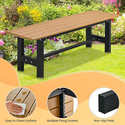 Tangkula 47 Inch HDPE Outdoor Bench Backless Set of 2, Patio Dining Bench with Slatted Seat & Heavy-Duty Metal Frame, 660 LBS Capacity, Weatherproof Outside Bench for Garden, Yard & Porch, Brown